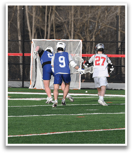 Three people playing a game of lacrosse on a field. AI generated content