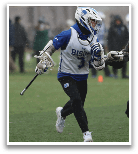 Two lacrosse players are running on the field, one wearing a blue and white uniform and the other wearing an orange and black uniform. AI generated content