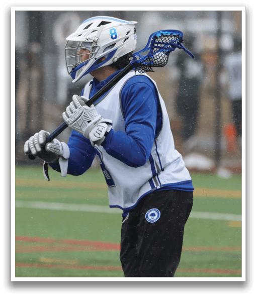 A person wearing a blue and white uniform is holding a lacrosse stick and running on a field. AI generated content