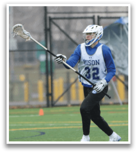 A man wearing a blue and white uniform holding a lacrosse stick. AI generated content