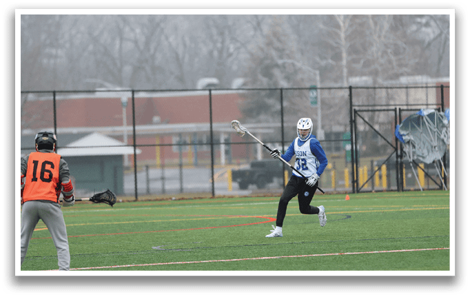A man in a blue and white uniform is running with a hockey stick, while another man in an orange shirt and grey pants is holding a baseball glove, ready to catch the ball. AI generated content