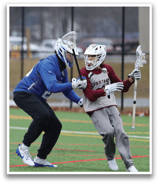 Two people playing lacrosse, one in blue and one in red, with one holding a stick. AI generated content