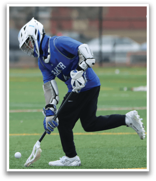 A man wearing a blue and white uniform is holding a hockey stick and running on a field. AI generated content