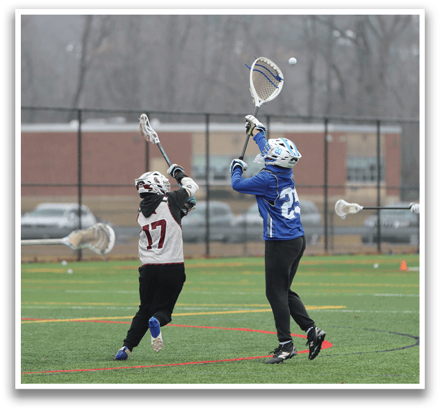 Three people playing a game of lacrosse on a field. AI generated content