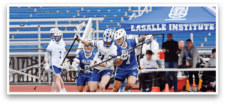 Three lacrosse players are running on a field, with one player holding a stick. A crowd of people watches the game from the stands. AI generated content