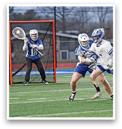 Two lacrosse players are fighting for the ball in a game. AI generated content