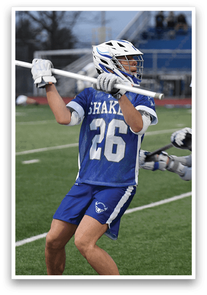 Two lacrosse players are running on a field, one holding a stick and the other holding a stick. AI generated content