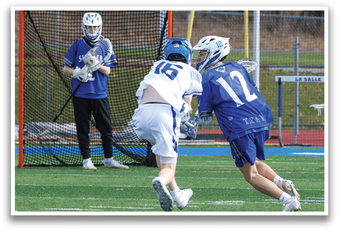 Two men are playing a game of lacrosse on a field. One man is running with a lacrosse stick, while the other man is trying to block him. AI generated content