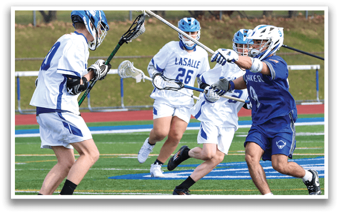 Three lacrosse players on a field, one of them holding a stick. AI generated content