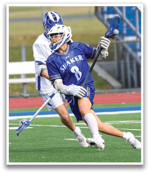 Two men playing lacrosse on a field. One man is holding a stick and the other is wearing a blue shirt. AI generated content