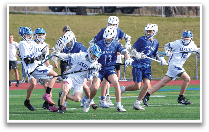 A group of young men playing lacrosse on a field. AI generated content