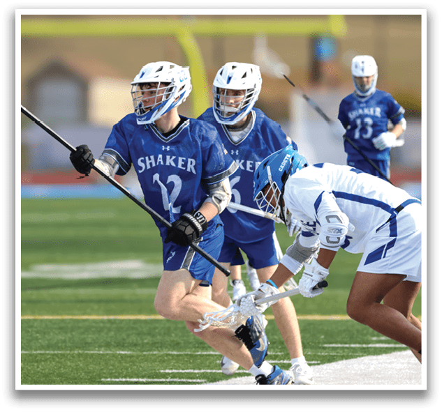 Three lacrosse players on a field, one of them is about to shoot the ball. AI generated content