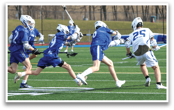 A group of young men playing a game of lacrosse on a field. AI generated content