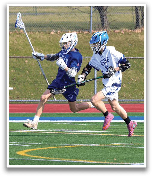 Two lacrosse players running on a field, one wearing blue and the other wearing white. AI generated content