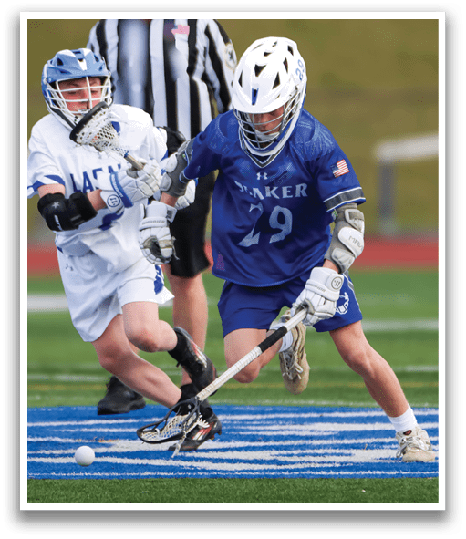 Two boys playing lacrosse, one with the number 29 on his jersey. AI generated content