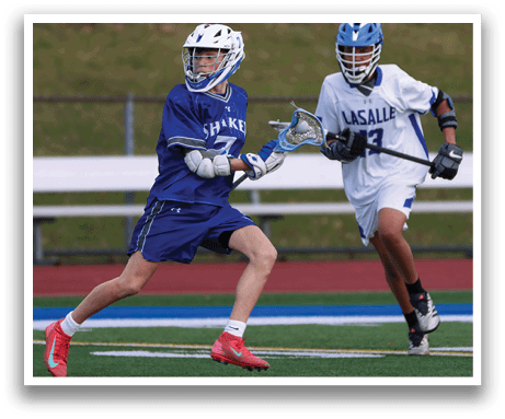 Two boys playing lacrosse on a field. AI generated content