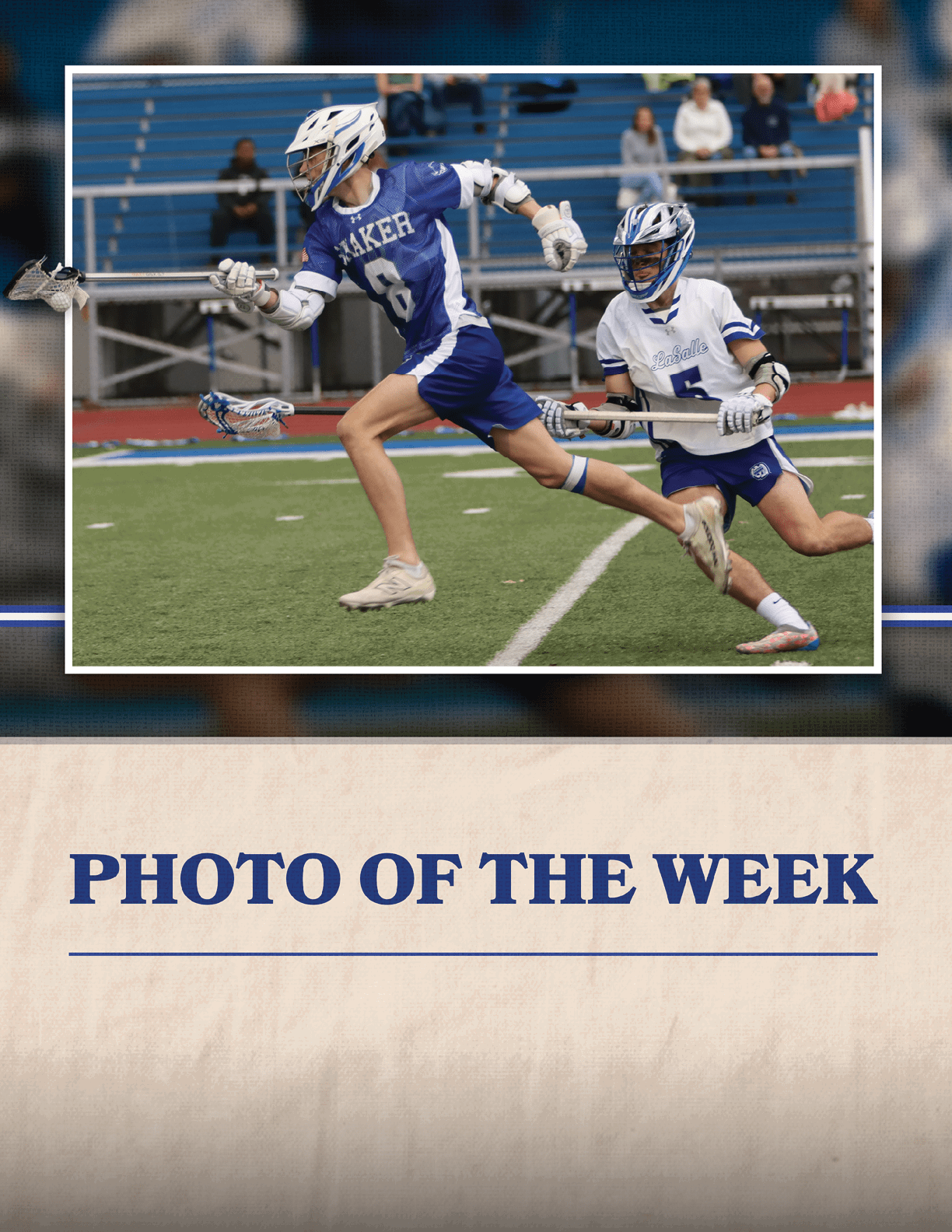 Two lacrosse players on a field, one with a number 8 on his jersey. AI generated content