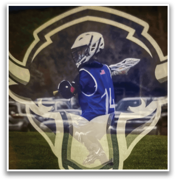 A young boy wearing a blue and white uniform is holding a lacrosse stick and preparing to play. AI generated content