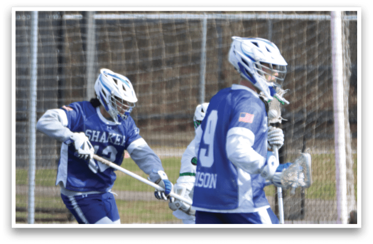 Two men playing lacrosse on a field. AI generated content