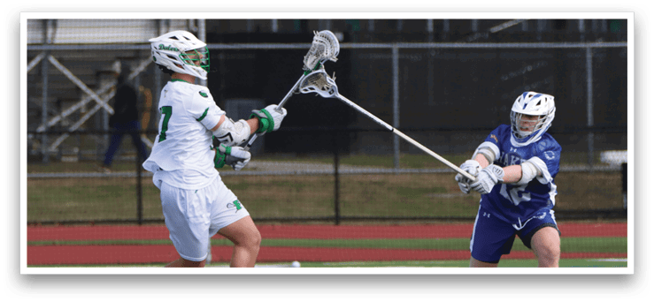 Two people playing lacrosse on a field. One person is holding a stick and the other is running. AI generated content