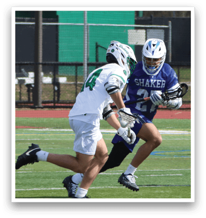 Two men playing a game of lacrosse on a field. AI generated content