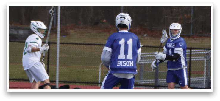 Three men playing a game of lacrosse on a field. AI generated content