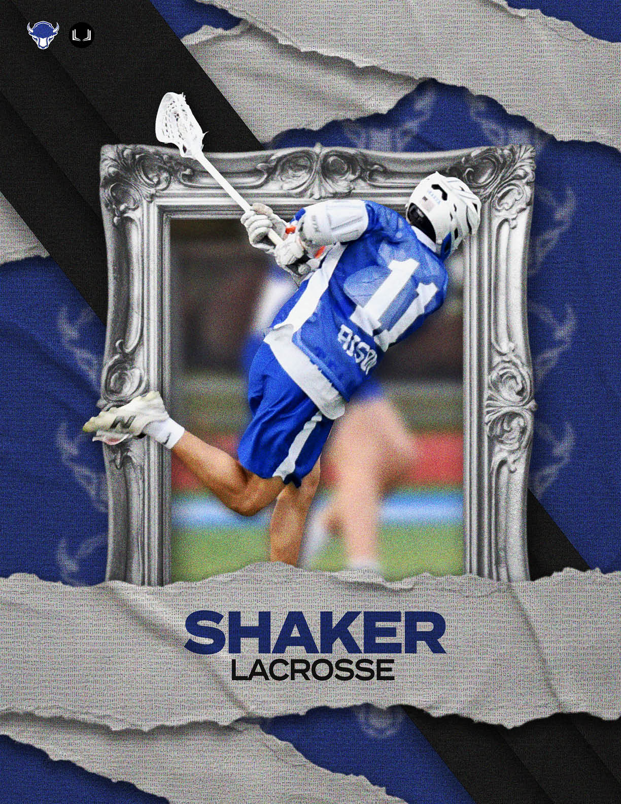 A lacrosse player in a blue uniform is shown in a picture. AI generated content