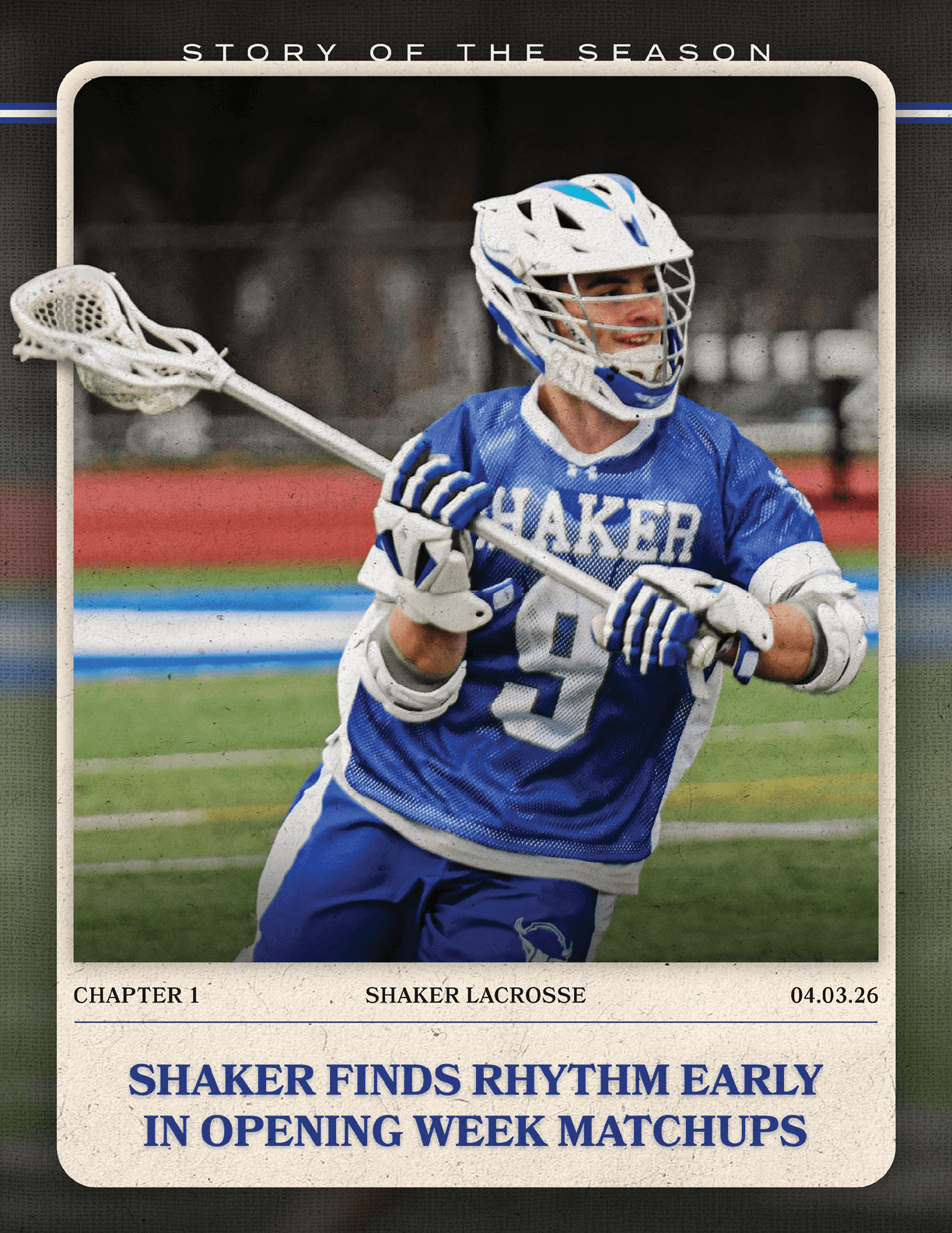 A lacrosse player in a blue and white uniform holding a stick. AI generated content
