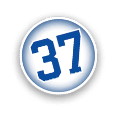 A blue and white number 37 on a white background. AI generated content