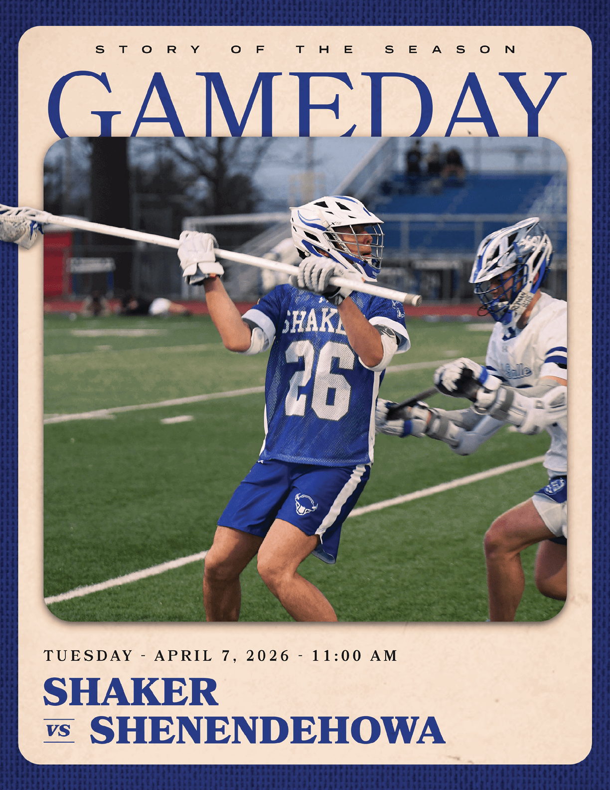 A man wearing a blue and white uniform is holding a lacrosse stick. AI generated content