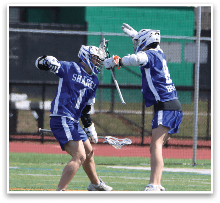 Two lacrosse players are fighting for the ball. AI generated content