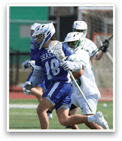 Two lacrosse players running on a field, one with the number 18 on his jersey. AI generated content