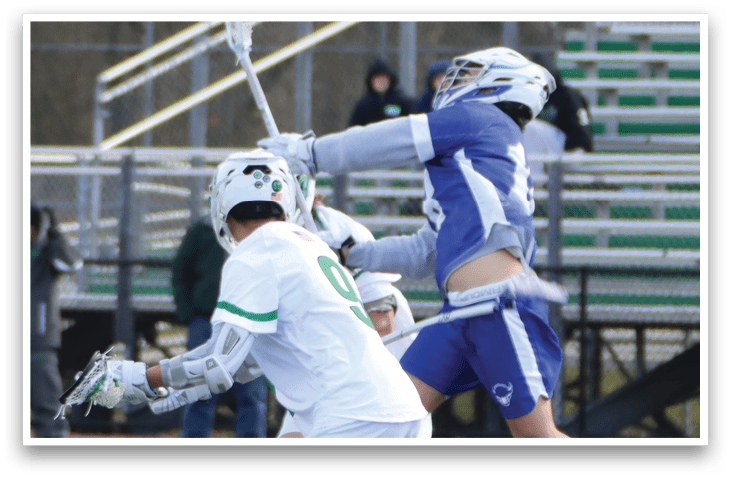 Two men playing lacrosse, one jumping in the air to hit the ball. AI generated content