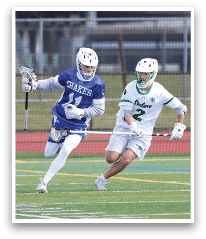 Two men playing lacrosse on a field. AI generated content