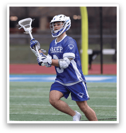 A lacrosse player wearing a blue and white uniform is running on the field. AI generated content