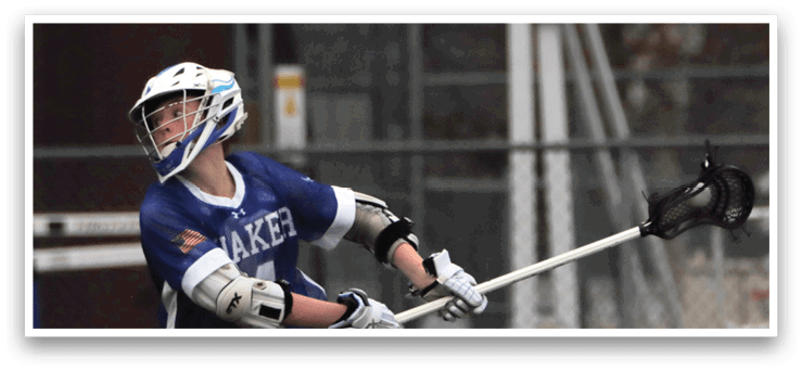 A lacrosse player in a blue uniform is about to shoot the ball. AI generated content