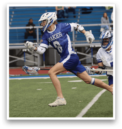 Two lacrosse players running on a field, one wearing a number 6 jersey. AI generated content