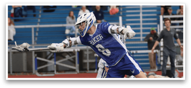 A lacrosse player in a blue and white uniform is running with a stick in his hand. AI generated content