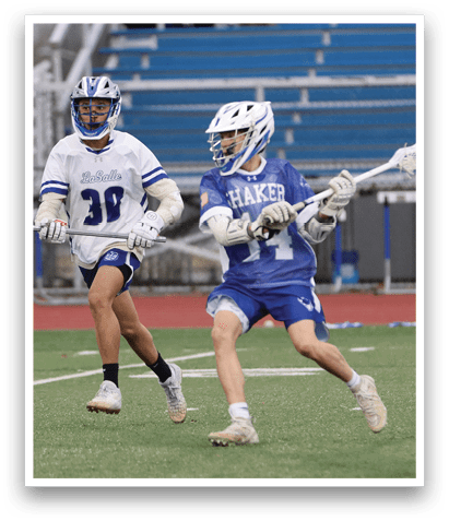 Two lacrosse players running on a field, one with the number 32 on his jersey and the other with 17. AI generated content