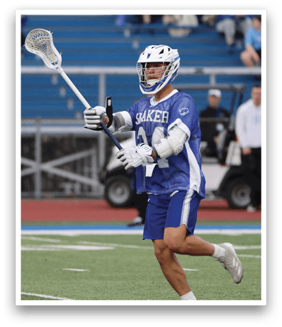 A man in a blue and white uniform holding a lacrosse stick. AI generated content
