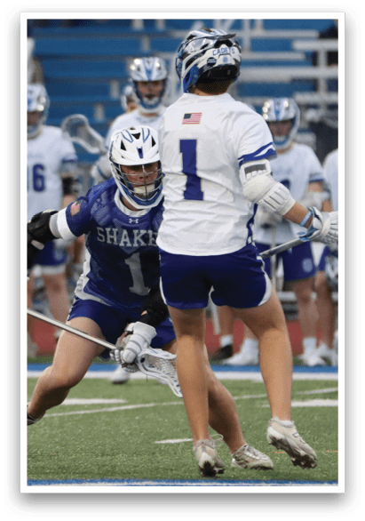 Two lacrosse players are fighting for control of the ball. AI generated content