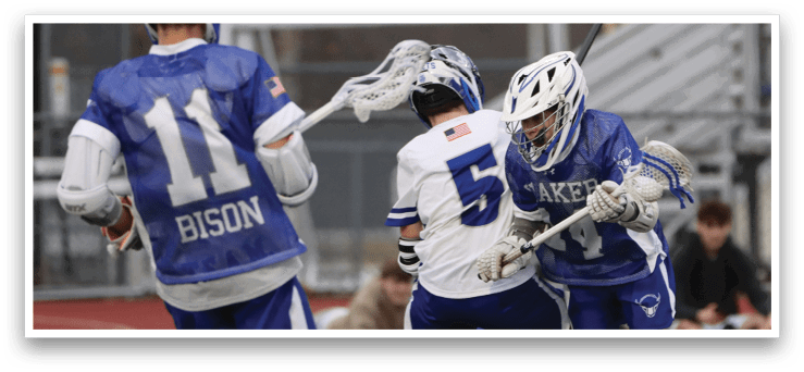 Three men playing lacrosse on a field. AI generated content