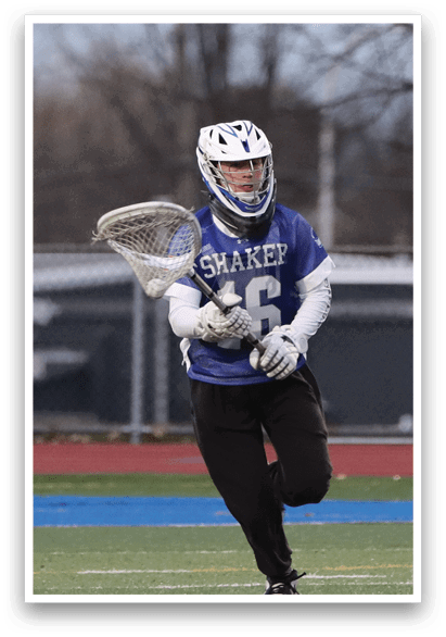 A person wearing a blue and white uniform with the number 6 on it is holding a lacrosse stick. AI generated content