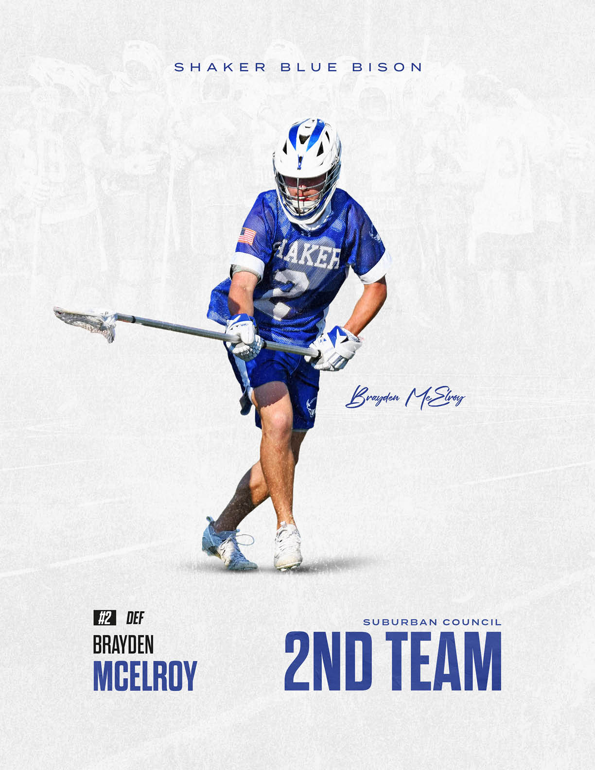 A lacrosse player in a blue and white uniform. Description generated by AI