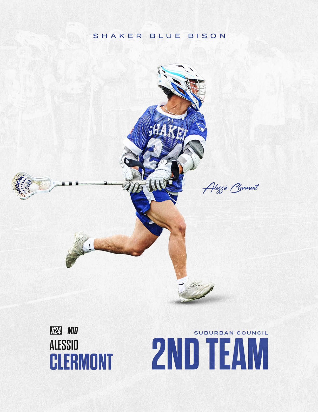 A man in a blue and white uniform holding a lacrosse stick. Description generated by AI