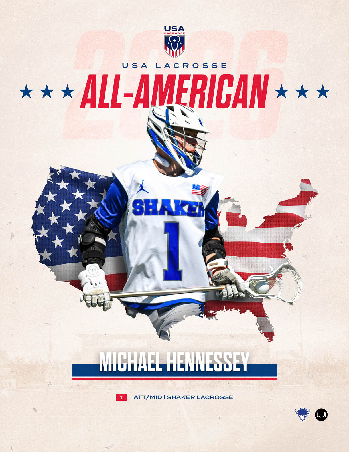 A lacrosse player wearing a blue and white uniform with the number 1 on the back. Description generated by AI