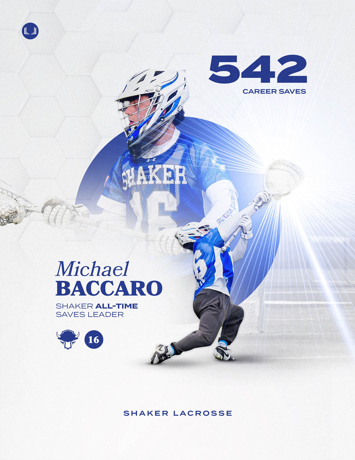 A lacrosse player in a blue and white uniform. Description generated by AI