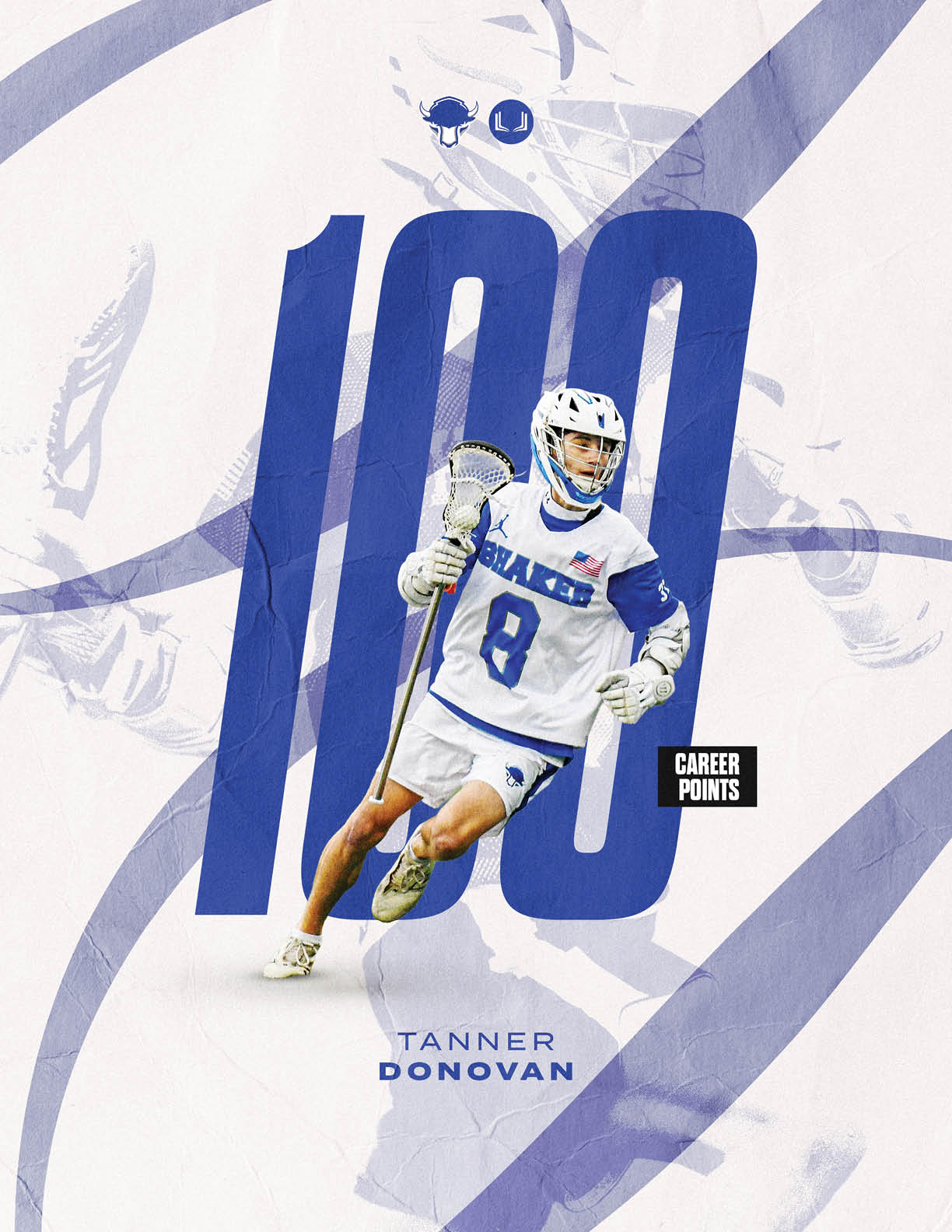 A lacrosse player with the number 8 on his jersey. Description generated by AI