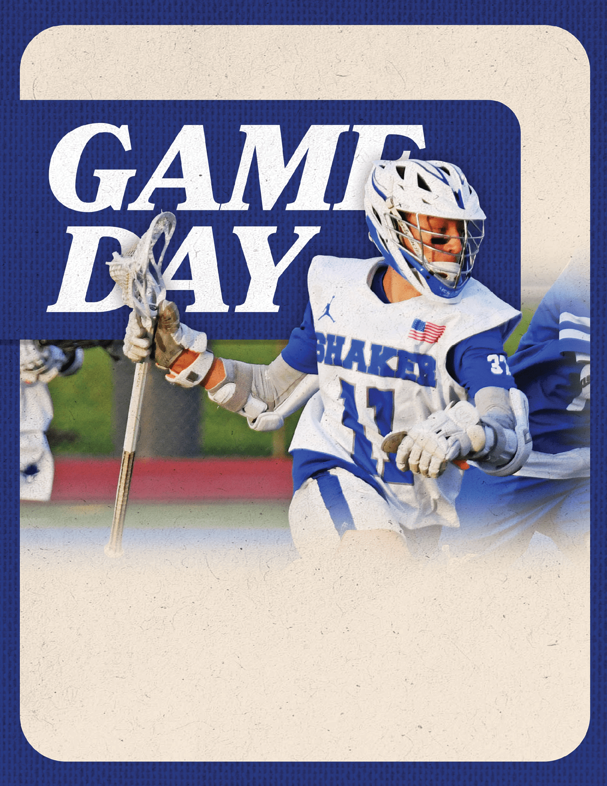 A man wearing a white and blue uniform holding a lacrosse stick. Description generated by AI