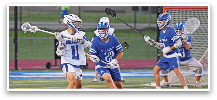 A man in a white jersey with the number 11 on it is running with a lacrosse stick. Description generated by AI